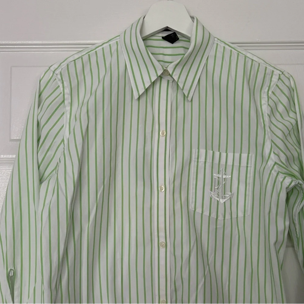 Ralph Lauren Green and White Striped Button Down Shirt Size Medium - Picture 3 of 9